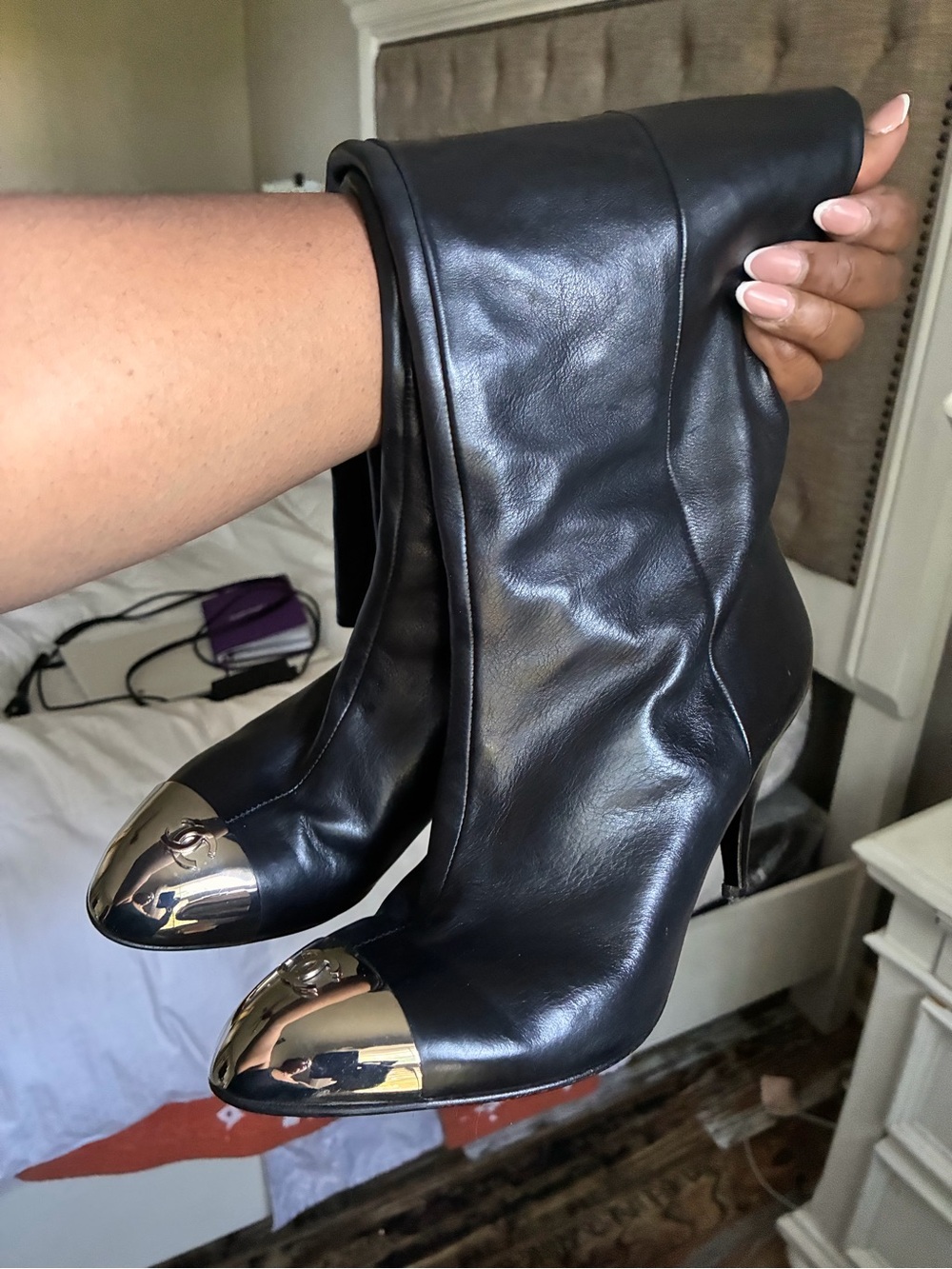 AUTHENTIC Black Leather CHANEL Knee-High Boots with Silver Cap Toe - Picture 4 of 12